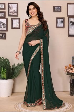 Sari imprimé en georgette verte SR29360