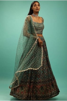 Lehenga Choli en mousseline de soie imprimée verte LC8877
