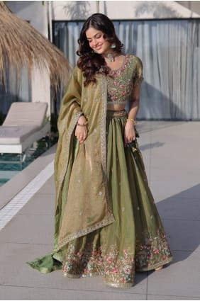 Lehenga Choli en soie verte avec fil LC9090