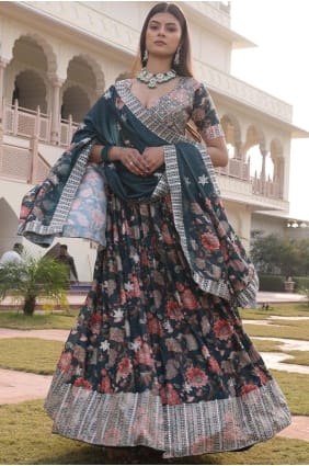 Lehenga Choli en mousseline verte imprimée LC8824