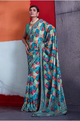 Sari en crêpe verte imprimé SR30044