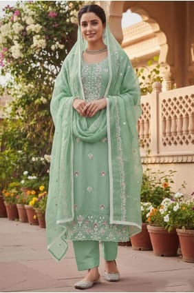 Salwar Kameez brodé en coton vert SK15694