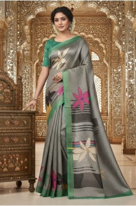 Sari en crêpe imprimé vert SR29812