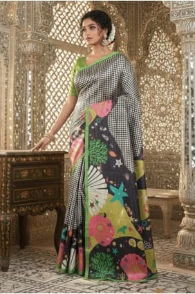Sari vert en crêpe imprimé SR29810