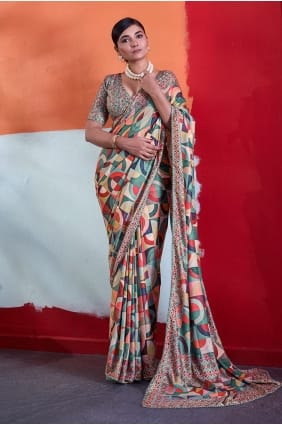 Sari en crêpe imprimé vert SR30041