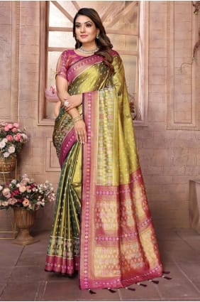 sari vert en tissage de soie banarasi SR28368