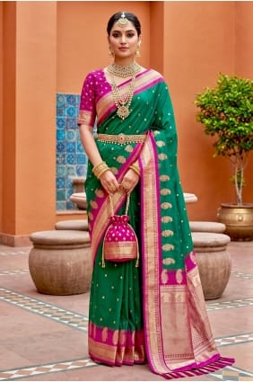 Sari en soie verte avec zari SR30127