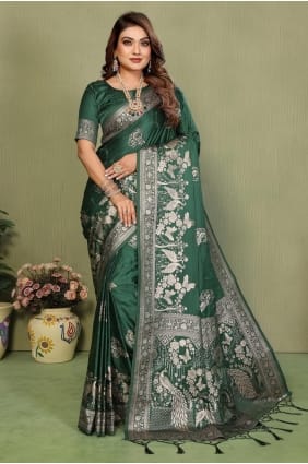 Sari vert brodé en satin et soie SR29579