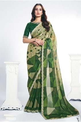 Sari vert brodé en satin SR28952