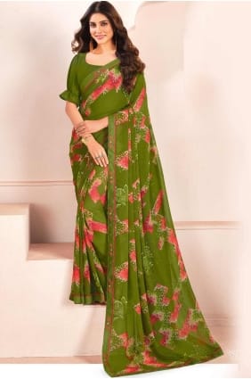 sari vert avec georgette imprimée SR28406