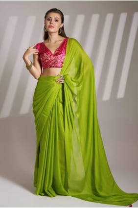 sari en satin vert avec imprimé SR28135