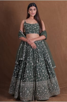 Lehenga Choli en georgette verte à sequins LC9134