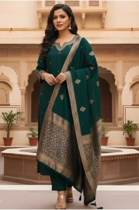 Salwar Kameez vert pour l'Aïd en soie avec broderies SK155948