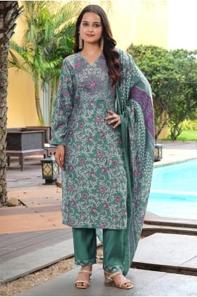 Salwar Kameez en soie brodée verte pour l'Aïd SK155964