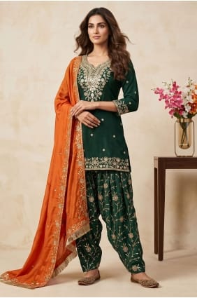Salwar Kameez vert brodé en soie SK159172