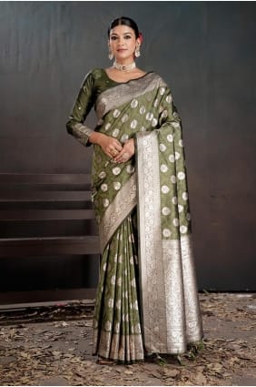 Sari vert tissé en soie SR29379
