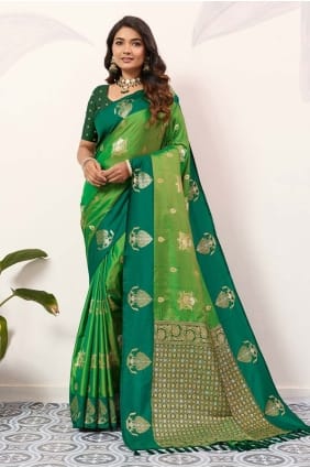 Sari vert tissé en soie SR29653
