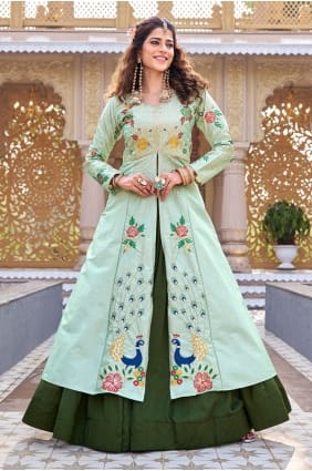 Ensemble Lehenga vert en soie avec Dupatta LS088
