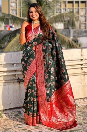 sari en soie banarasi tissé vert SR28347