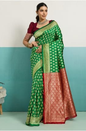 Sari en soie Zari Premium Heritage vert avec chemisier assorti SR29721