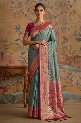 Sari en soie verte tissée Zari avec chemisier assorti SR30334