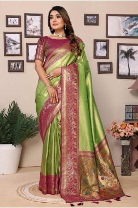 sari en soie banarasi tissé vert SR28337