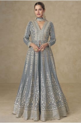 Ensemble Anarkali en mousseline de soie Chinon grise avec broderies AS4246