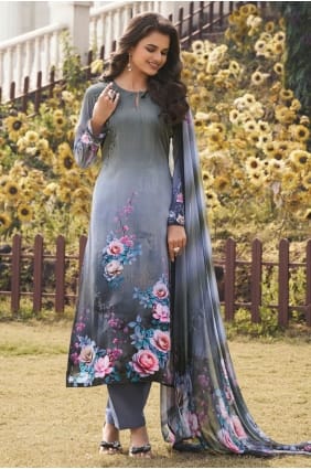 Salwar Kameez gris imprimé numérique en crêpe SK156063