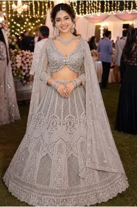 Lehenga Choli grise de soirée en tulle brodé LC9075