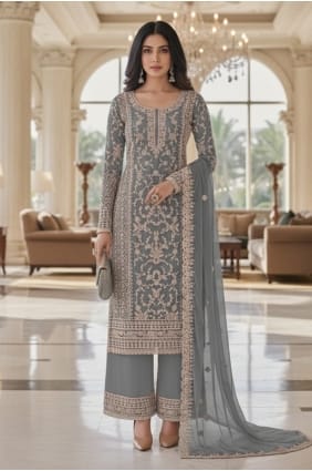 Ensemble palazzo gris brodé en résille PZ4467