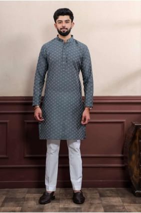 grey men kurta in cotton with weaving KURR506