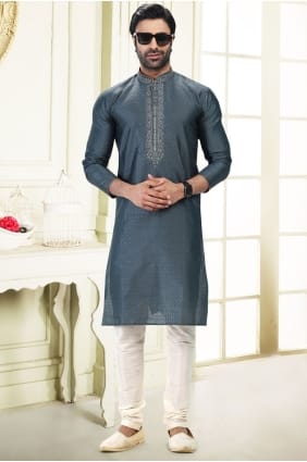 Kurta gris brodé jacquard pour homme avec dupatta KURR616