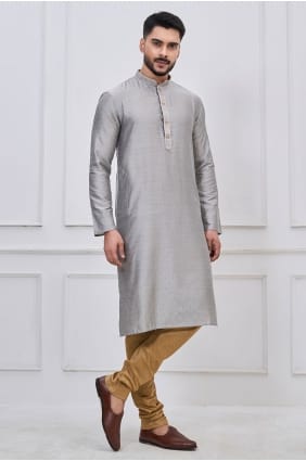 Kurta brodée pour homme en soie grise KURR261