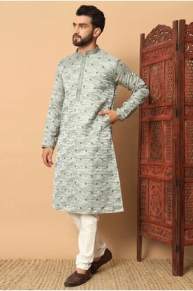 grey men kurta with embroidered jacquard KURR470