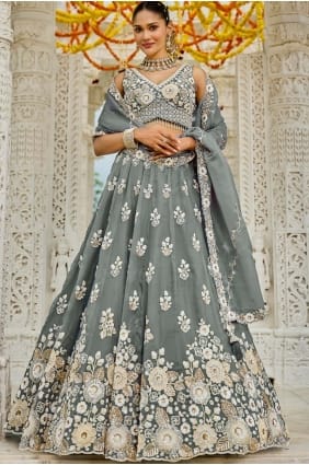 Lehenga Choli en organza brodée grise LC8724
