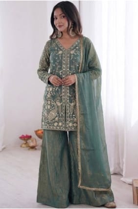Ensemble palazzo brodé en satin gris PZ4514