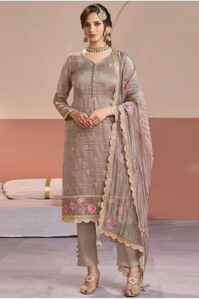 Salwar Kameez en soie brodée grise SK15888