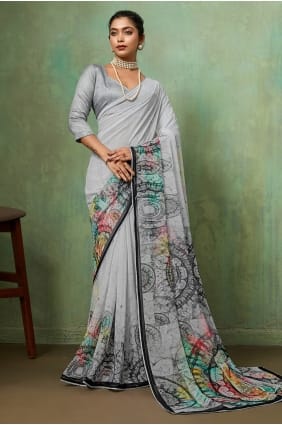 Sari gris en georgette imprimée avec chemisier assorti SR29969