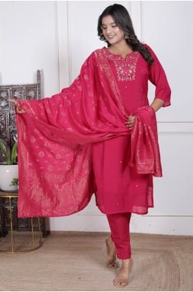 Salwar Kameez en Chanderi rose foncé avec manches SK155929