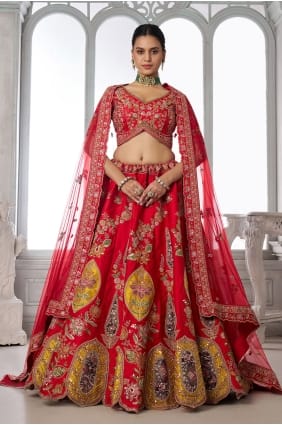 Lehenga Choli rouge avec soie faite à la main LC9097
