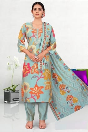 Salwar Kameez à mains nues en mousseline bleu ciel SK155927