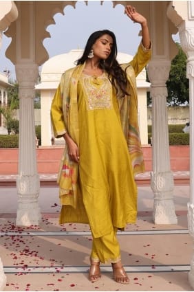 Ensemble salwar en viscose jaune, confectionné à la main SK155977