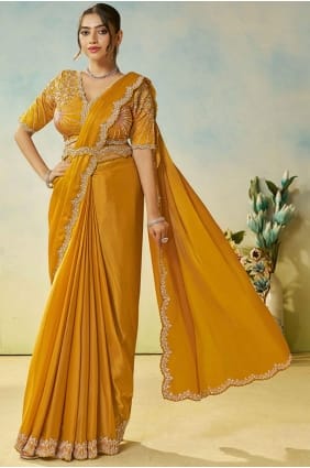 Sari en satin jaune fait main SR29165