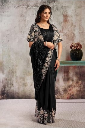 Sari noir en satin avec main SR29803