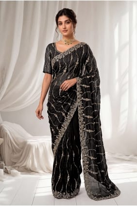 Sari noir en soie à la main, orné de sequins SR30195