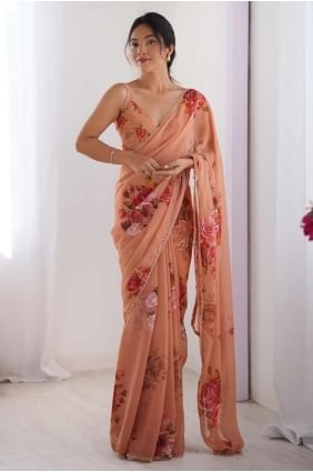 Sari en georgette tissé à la main couleur pêche avec chemisier SR28380