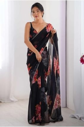Sari tissé à la main en georgette noire SR28381