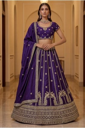 Lehenga Choli en soie avec dentelle indigo LC9033