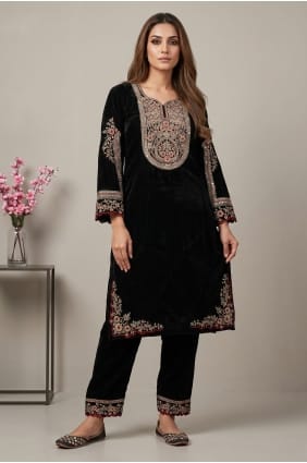Kurta noire en velours brodé, style indo-occidental, avec dupatta SK159176