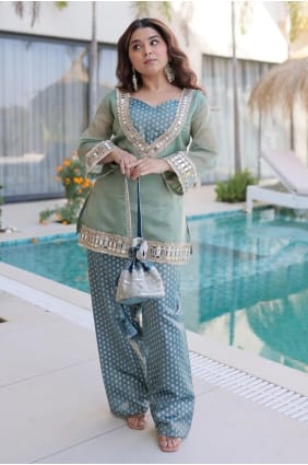 Kurta occidentale bleu ciel Indow avec soie miroir SK156036